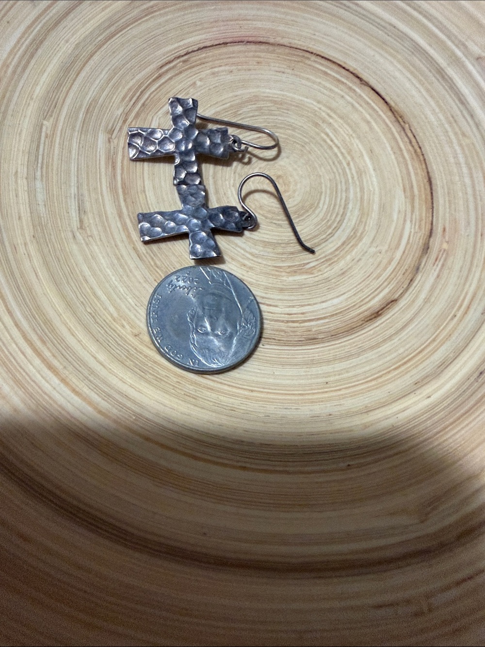 925 Hammered Cross Drop Earrings - Silver Tone